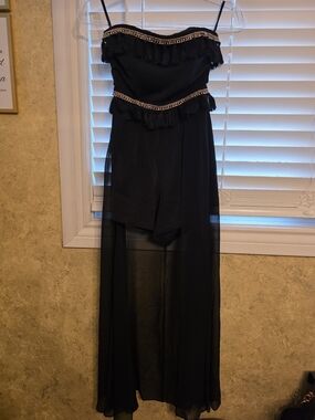 Runaway Strapless Black Fringe Maxi Romper